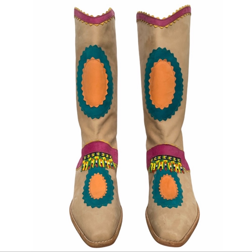 Vintage Tan Suede Color Appliqué Cowboy Boots